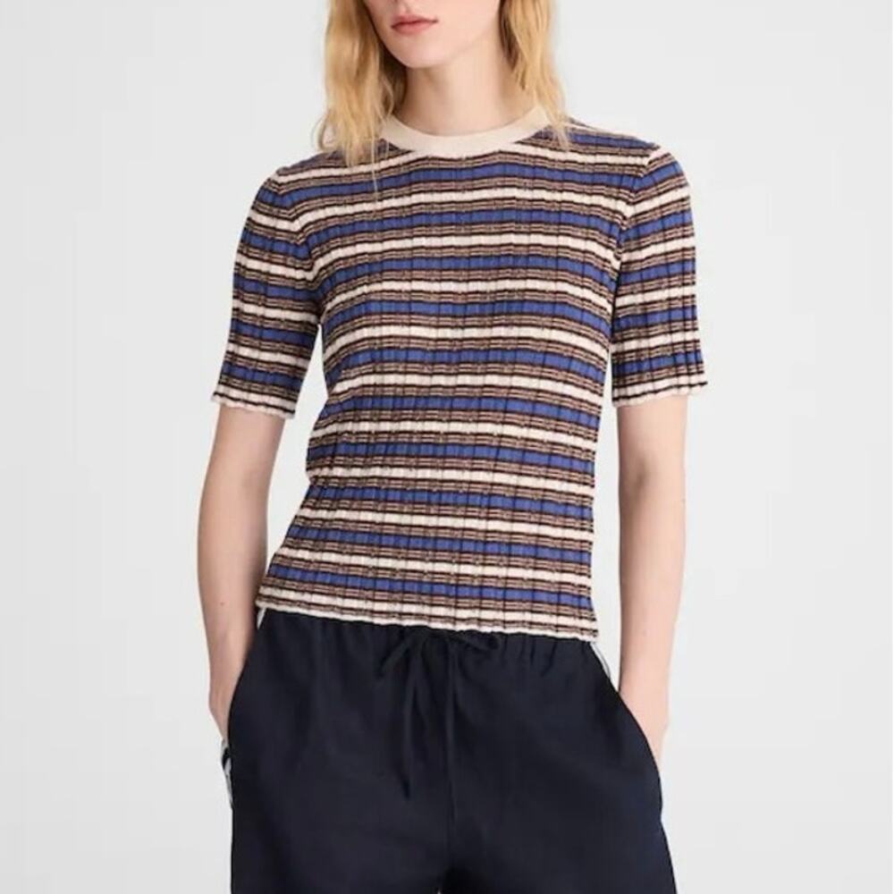 NWT Madewell Crewneck Sweater Tee Merino Wool-Silk Blend Ivory Blue Multi Small